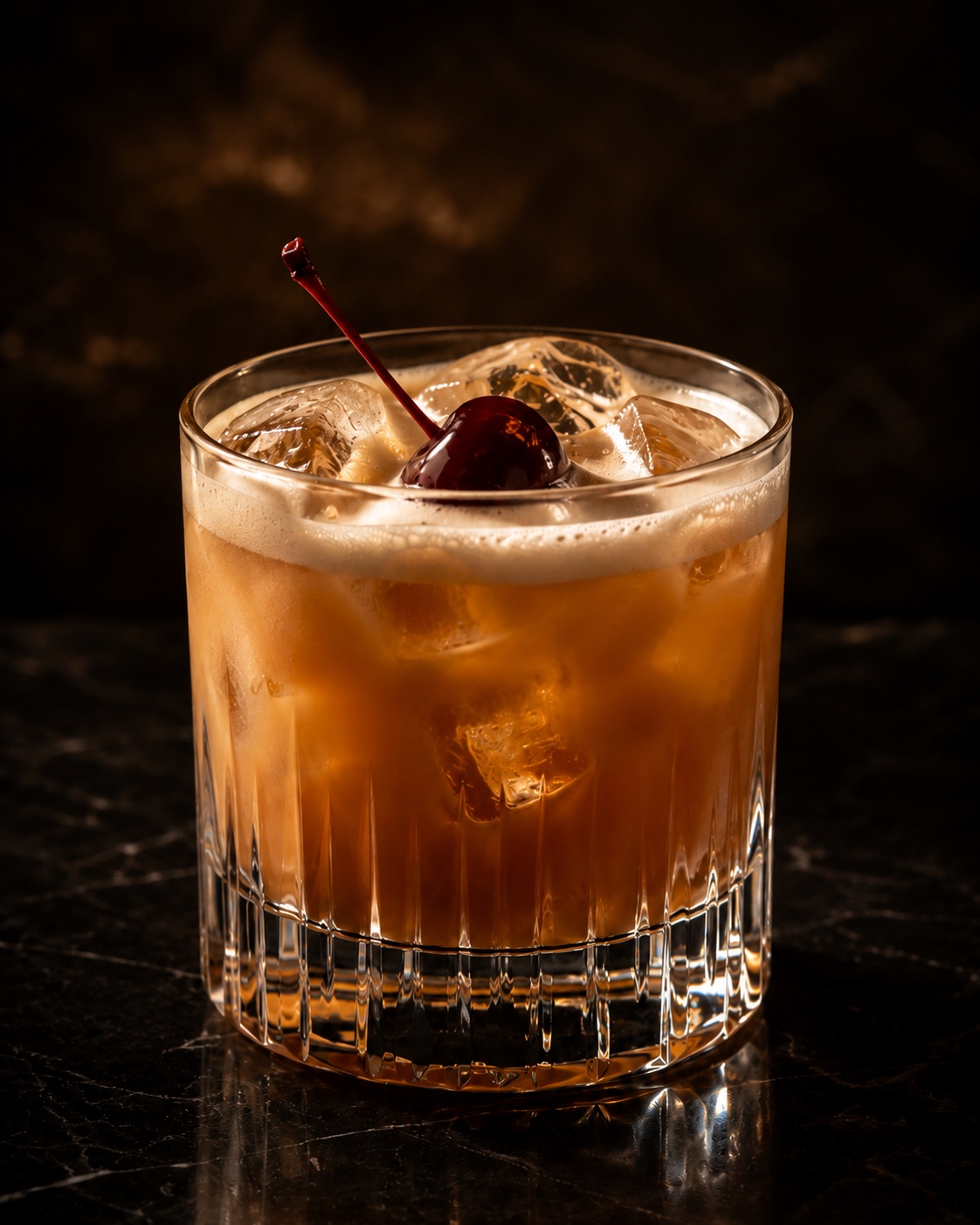 Amber cocktail served over ice with a cherry.