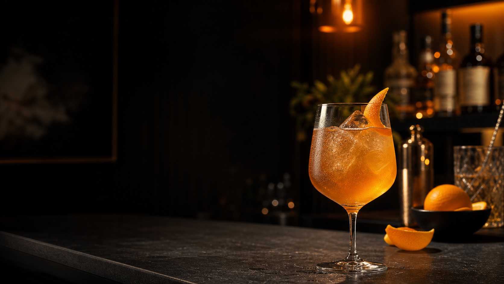 A warm cocktail bar with an orange cocktail on a dark counter.