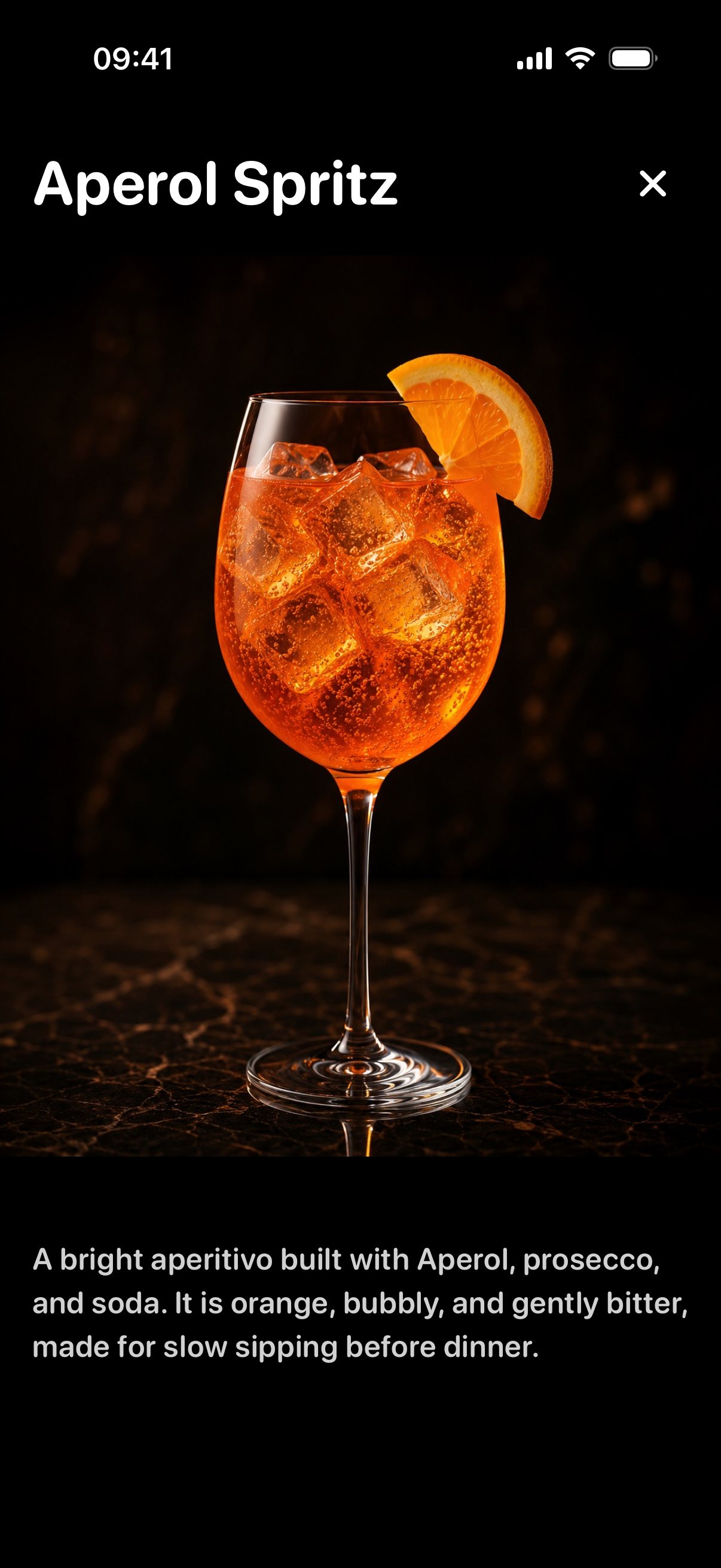 Cocktail recommendations list in SnapSip.